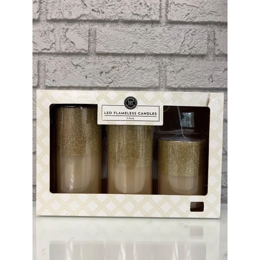 Modern Expressions Led Flameless Gold Candles Lot Of 3 With Remote Control